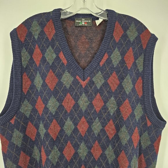 Italian Sweater Co Sweater Vest Mens XL Blue Argyle Wool Blend Made Italy Preppy - Picture 2 of 10